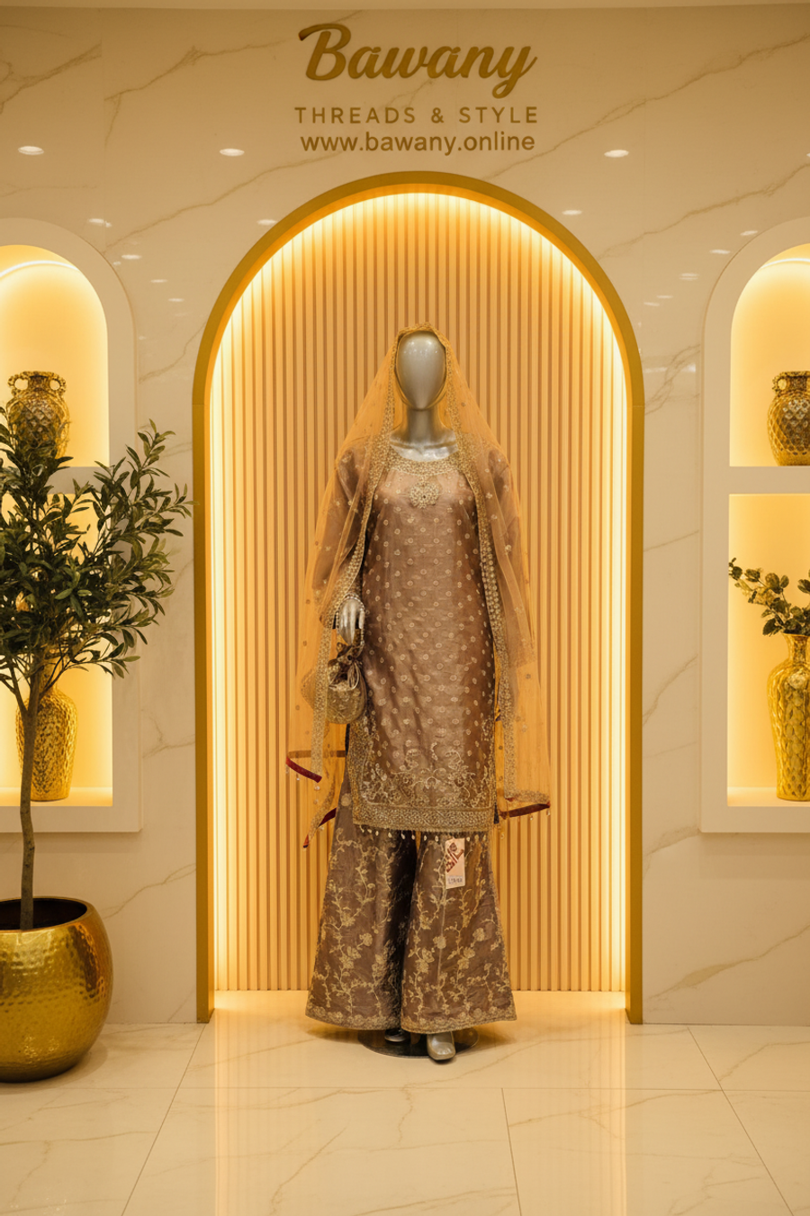 Mink Bridal Gharara Set | Gold Zardozi Rosette Motifs & Pearl Drop Fringe | 3-Piece Pakistani Formal Suit | Taupe Champagne Wedding Wear | Walima & Barat Collection — Formals by Bawany Threads & Style