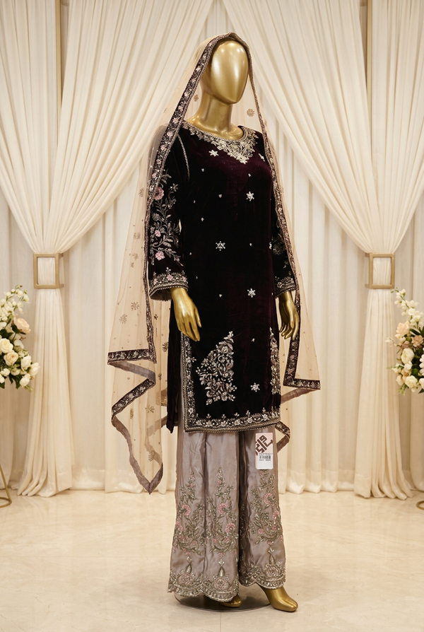 Deep Burgundy Wine Bloom | Silver Floral Embroidery | Pakistani Formal Kameez Ensemble | Taupe Flared Trousers & Ivory Dupatta | BAWANY Collection — Formals by Bawany Threads & Style