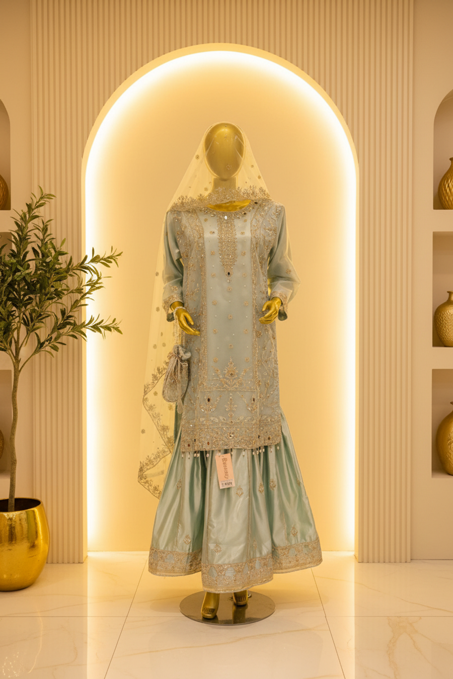 Mint Ice Blue Organza Gharara Set | Gold Silver Zardozi Embroidery & Pearl Tassel Drops — Bridal by Bawany Threads & Style