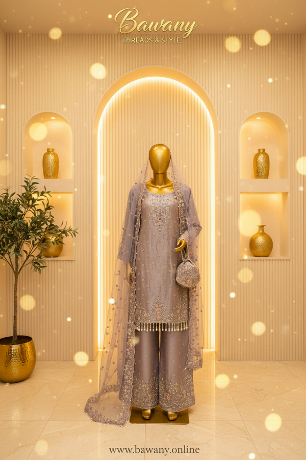 Dusty Lavender Bridal Palazzo Suit | Silver Zardozi Scalloped Collar & Floral Medallion | 3-Piece Pakistani Formal Wear | Mauve Purple Wedding Suit | Walima & Nikah Collection — Tissue by Bawany Threads & Style