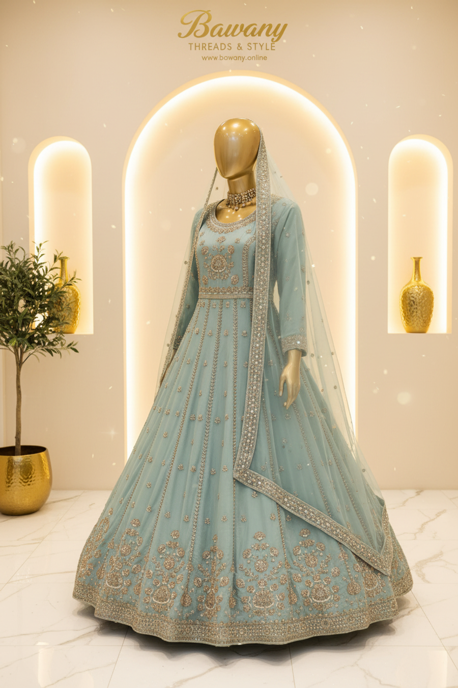 Teal Bridal Anarkali Gown | Silver Zardozi Sunflower Medallion & Scalloped Cuffs | 2-Piece Pakistani Formal Wear | Sage Blue-Green Wedding Gown | Walima & Barat Collection — view 2 — Organza by Bawany Threads & Style