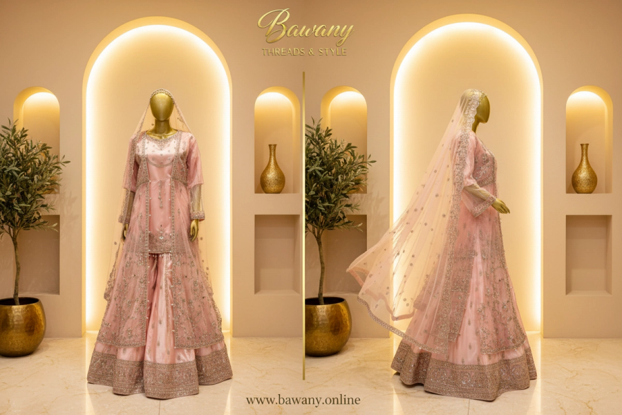 Dusty Rose Bridal Sharara Set | Zardozi Open Front Jacket & Pearl Tassel Belt | 4-Piece Pakistani Bridal Suit | Blush Pink Formal Wear — view 3 — Tissue by Bawany Threads & Style