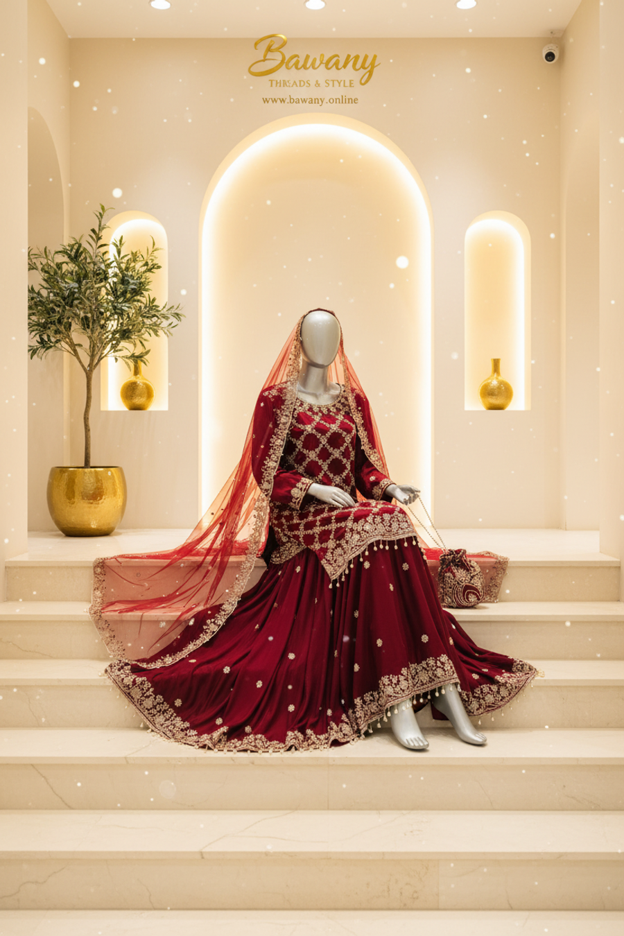 Deep Maroon Bridal Sharara Set | Full-Body Diamond Lattice Gold Zardozi & Pearl Drop Tassels | 3-Piece Pakistani Bridal Wear | Dark Burgundy Velvet Kurti | Floral Bouquet Motifs at Every Lattice Intersection | Wide Flared Sharara & Matching Dupatta | Barat & Walima Collection — view 3 — Formals by Bawany Threads & Style