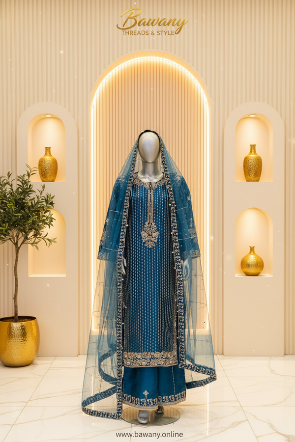 Teal Blue Formal Suit | Vertical Silver Sequin Dots & Central Zardozi Bouquet | 3-Piece Pakistani Formal Wear | Peacock Blue Kurti Palazzo Set | Floral Vine Cuff Border | Matching Teal Dupatta | Eid & Wedding Collection — Organza by Bawany Threads & Style