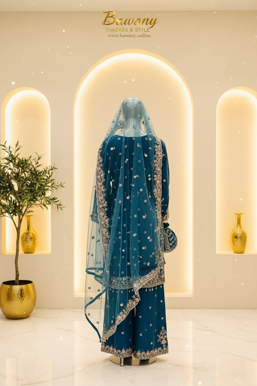 Peacock Teal Bridal Palazzo Set | V-Neckline Silver Zardozi Panel & Pink Blush Florals & 4-Petal Star Motifs | 3-Piece Pakistani Formal Wear | Deep Teal Georgette Kurti & Palazzo | Pearl Tassel Borders | Sky Blue Dupatta & Teal Potli Bag | Walima & Formal Collection — view 3 — Formals by Bawany Threads & Style