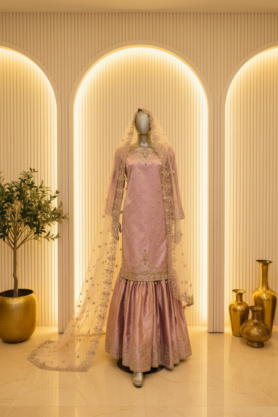 Dusty Lilac Silver Embroidered Bridal Gharara Set | Crystal Booti & Veil — view 4 — Organza by Bawany Threads & Style