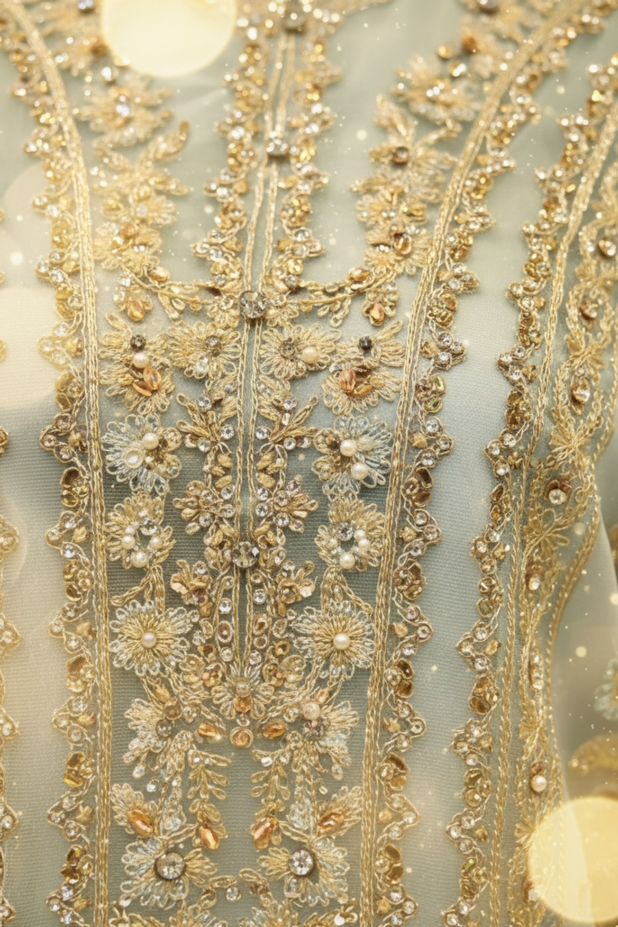 Ice Blue Mint Net Bridal Suit | Gold Silver Zardozi Embroidery with Gharara & Veil — view 3 — Bridal by Bawany Threads & Style