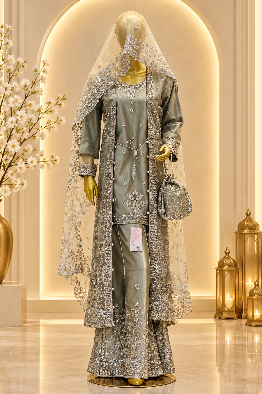 Smoky Olive Grey Formal Ensemble | Silver-Embroidered Open Jacket & Kameez | Pakistani Formal Wear | Ivory-Gold Veil & Matching Potli | Formal Collection — view 3 — Tissue by Bawany Threads & Style