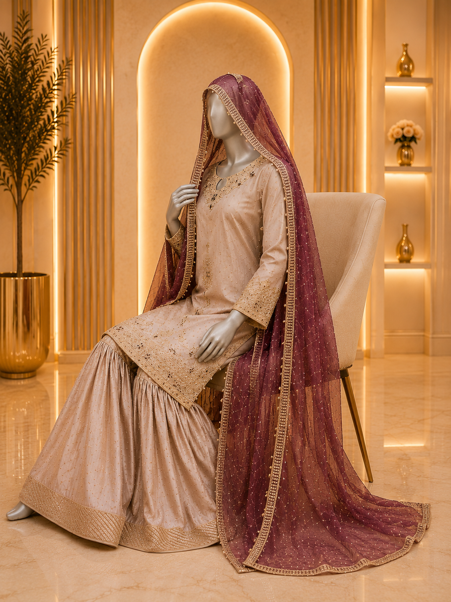 Beige Heavy Embroidered Sharara Suit with Purple Net Dupatta — view 2 — Bridal by Bawany Threads & Style