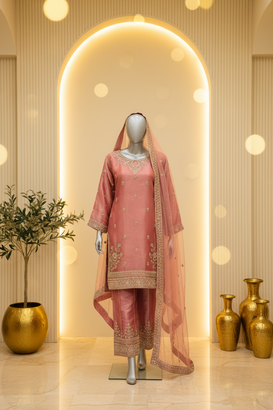 Dusty Rose Silk Organza Bridal Suit | Gold Zardozi Embroidery & Pearl Crystal Booti — view 4 — Bridal by Bawany Threads & Style