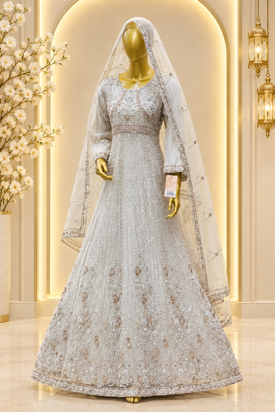 Silver Grey Ivory Pearl Gown | Metallic Floral Embroidery & Vertical Shimmer Detailing | Long Flared Silhouette | Sheer Bordered Veil | BAWANY Threads & Style — view 2 — Organza by Bawany Threads & Style