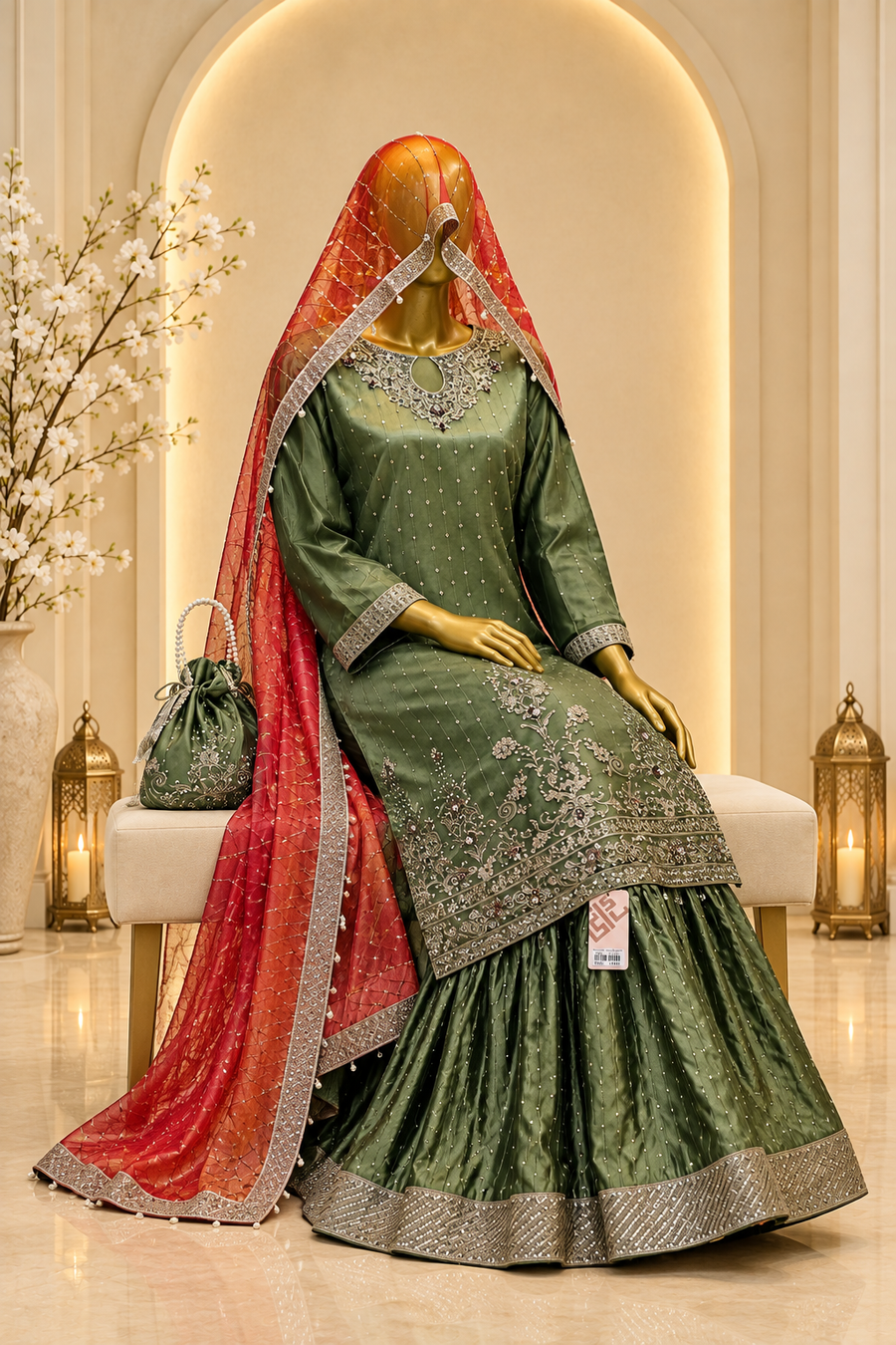 Olive Green Embroidered Ensemble | Silver Teardrop Neckline & Flared Trousers | Pakistani Formal Kameez | Sheer Maroon Dupatta | BAWANY Collection — view 2 — Formals by Bawany Threads & Style