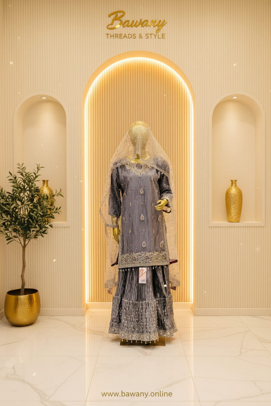 Steel Grey Bridal Sharara Set | Silver Zardozi Teardrop Motifs & Pearl Drop Hem Border | 3-Piece Pakistani Formal Wear | Slate Grey Wedding Sharara | Cream Dupatta | Walima & Nikah Collection — view 3 — Formals by Bawany Threads & Style