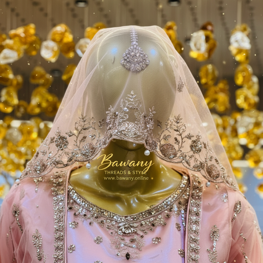 Dusty Rose Bridal Sharara Set | Zardozi Open Front Jacket & Pearl Tassel Belt | 4-Piece Pakistani Bridal Suit | Blush Pink Formal Wear — view 4 — Tissue by Bawany Threads & Style