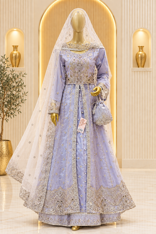 Lavender Pakistani Formal Gown | Metallic Floral Embroidery & Open-Front Panels | Pearl-Style Button Detail | Ivory Dupatta & Matching Potli | Occasion Collection — Tissue by Bawany Threads & Style