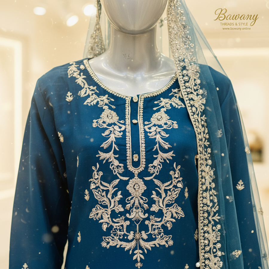 Teal Blue Bridal Sharara Set | Floral Medallion Chest & Floral Vine Panels & Pearl Tassel Hem Borders | 3-Piece Pakistani Bridal Wear | Peacock Blue Wedding Sharara | Powder Blue Dupatta | U-Placket Zardozi | Walima & Barat Collection — view 3 — Tissue by Bawany Threads & Style