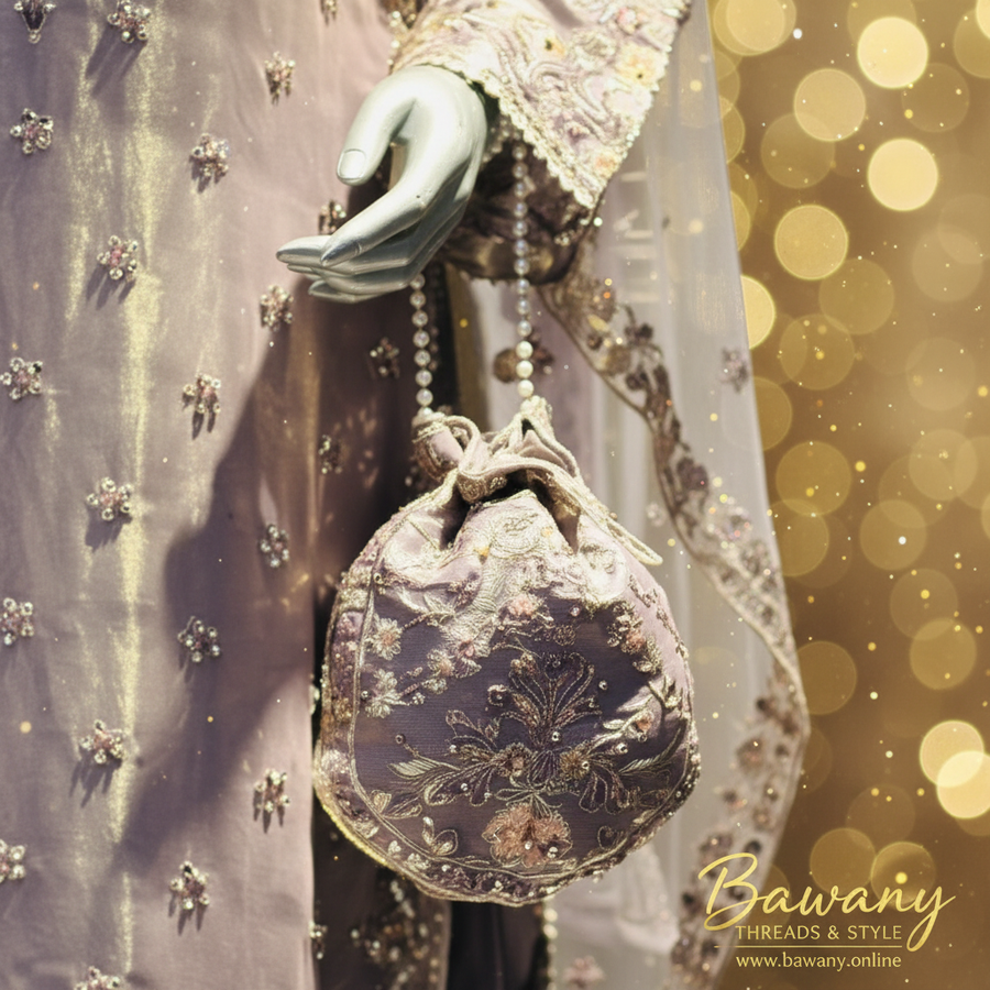 Dusty Lavender Bridal Palazzo Suit | Silver Zardozi Scalloped Collar & Floral Medallion | 3-Piece Pakistani Formal Wear | Mauve Purple Wedding Suit | Walima & Nikah Collection — view 4 — Tissue by Bawany Threads & Style