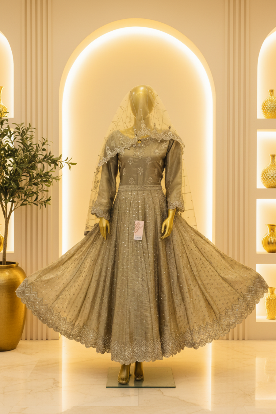 Sage Olive Silk Organza Anarkali Gown | Silver Gold Booti Crystal Waist Belt & Dupatta — Bridal by Bawany Threads & Style