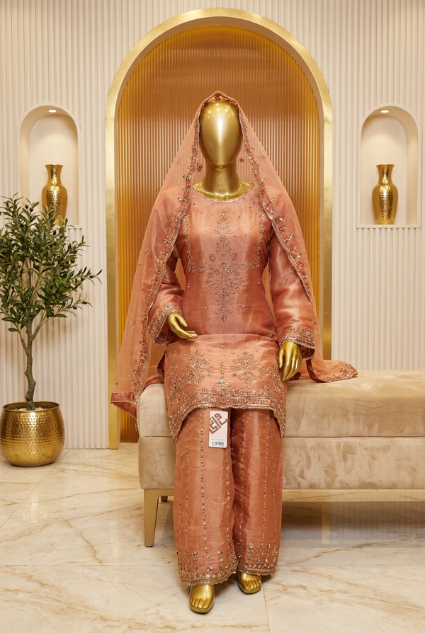 Peach Copper Floral Grace | Branching Floral Embroidery & Ornate Cuffs | Pakistani Formal Kameez Ensemble | Matching Trousers & Sheer Dupatta | BAWANY Collection — Tissue by Bawany Threads & Style