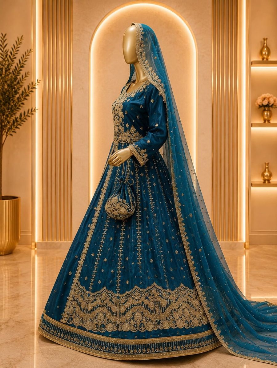 Peacock Blue Heavy Gold Embroidered Bridal Gown with Dupatta & Potli — view 3 — Bridal by Bawany Threads & Style