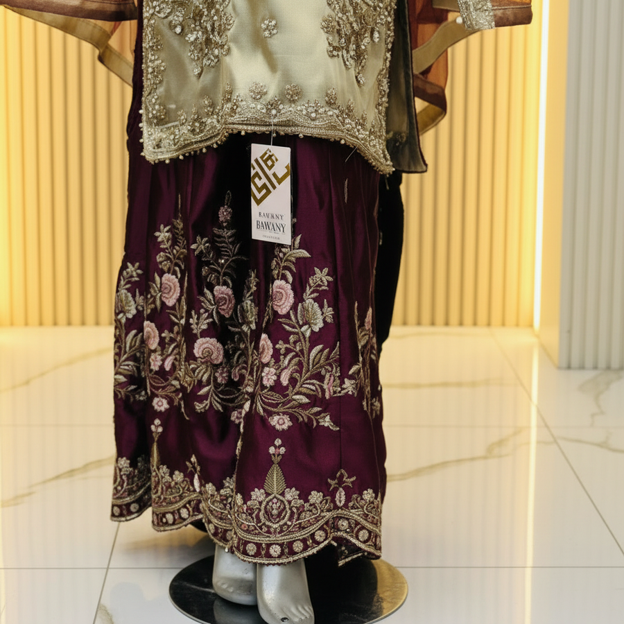 Champagne Gold Embroidered 3-Piece Suit | Ornate Neckline & Floral Wine Trousers | Pakistani Formal Kameez Trousers Dupatta | Burgundy Sheer Dupatta | BAWANY Collection — view 3 — Organza by Bawany Threads & Style