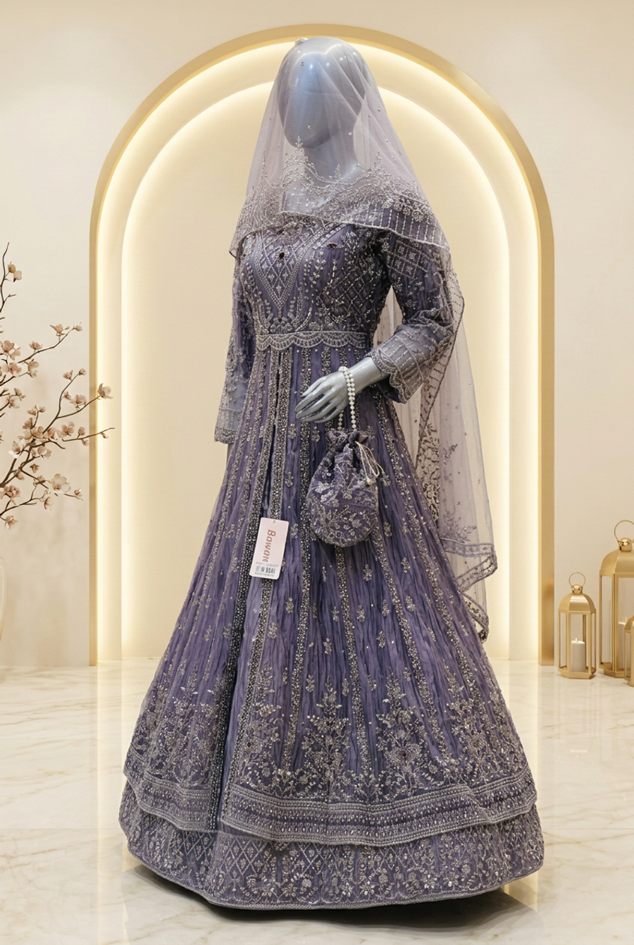 Smoky Violet Silver Majesty Dress | Geometric & Floral Embroidery | Open-Front Layered Flared Outfit | Pale Lilac Veil & Matching Potli | Wedding Edit — view 2 — Tissue by Bawany Threads & Style