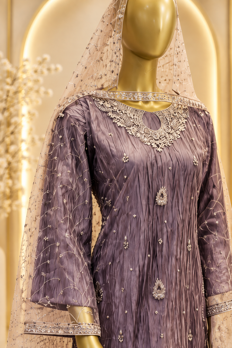 Smoky Mauve Grey Sharara Set | Silver Embroidered Cutout Neckline & Crinkled Sharara | Pakistani Formal Outfit | Blush Sheer Dupatta & Matching Potli — view 3 — Bridal by Bawany Threads & Style