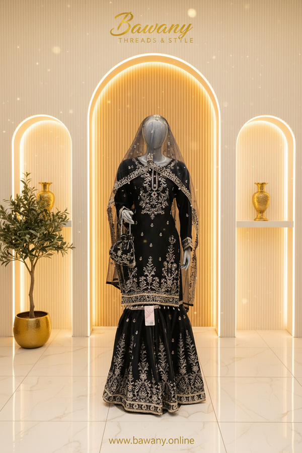 Jet Black Bridal Sharara Set | Tree-of-Life Chest Motif & Silver Yoke Border & Floral Tree Vine Sharara | 3-Piece Pakistani Formal Wear | Black Velvet Georgette Sharara | Pearl Tassel Borders | Round Neckline Pearl Drop | Walima & Formal Collection — Organza by Bawany Threads & Style