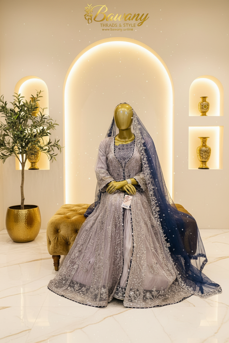 Lavender Grey Bridal Jacket Set | Crinkle Net Open Jacket & Silver Thread Lines & Scalloped Fringe Borders | 3-Piece Pakistani Bridal Wear | Dusty Mauve Wedding Jacket | Navy Blue Dupatta | Diamond Lattice Inner Bodice | Nikah & Walima Collection — view 2 — Formals by Bawany Threads & Style