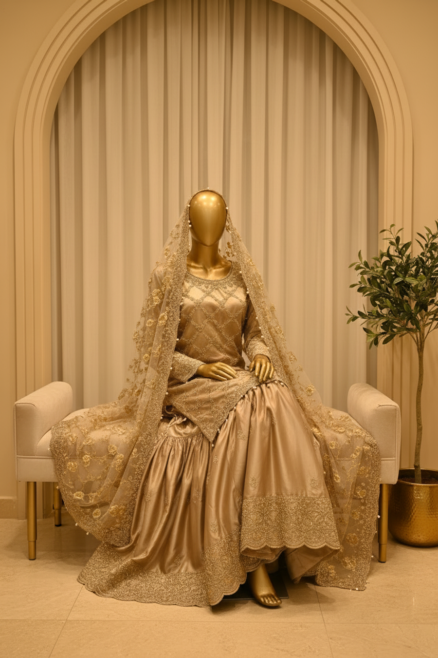 Champagne Gold Lattice Zardozi Gharara Set with Net Dupatta — view 4 — Bridal by Bawany Threads & Style