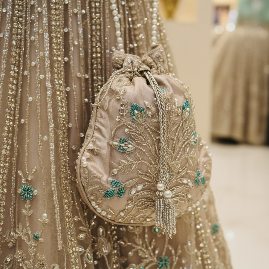Seafoam & Champagne Silver Embroidered Dress | Floral Lattice Work & Ornate Hem | Pakistani Formal Occasion Wear | Sheer Veil & Matching Potli | BAWANY Collection — view 3 — Organza by Bawany Threads & Style