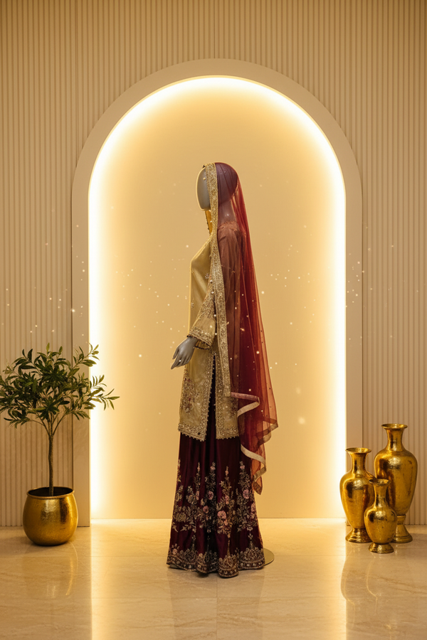 Champagne Gold Silk Suit with Deep Burgundy Gharara | Gold Zardozi Floral Embroidery — Bridal by Bawany Threads & Style