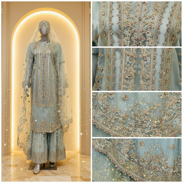 Ice Blue Mint Net Bridal Suit | Gold Silver Zardozi Embroidery with Gharara & Veil — Bridal by Bawany Threads & Style
