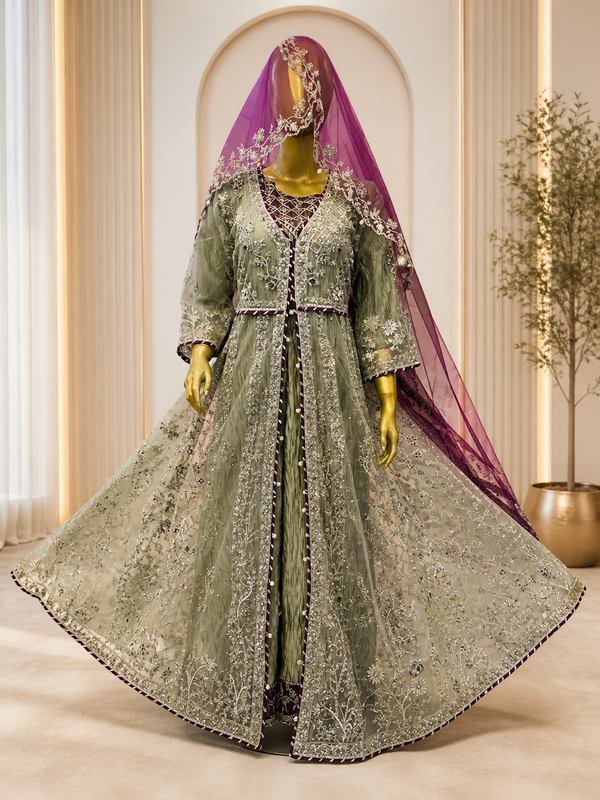 Sage Green Heavy Silver Embroidered Bridal Gown with Purple Dupatta — Bridal by Bawany Threads & Style