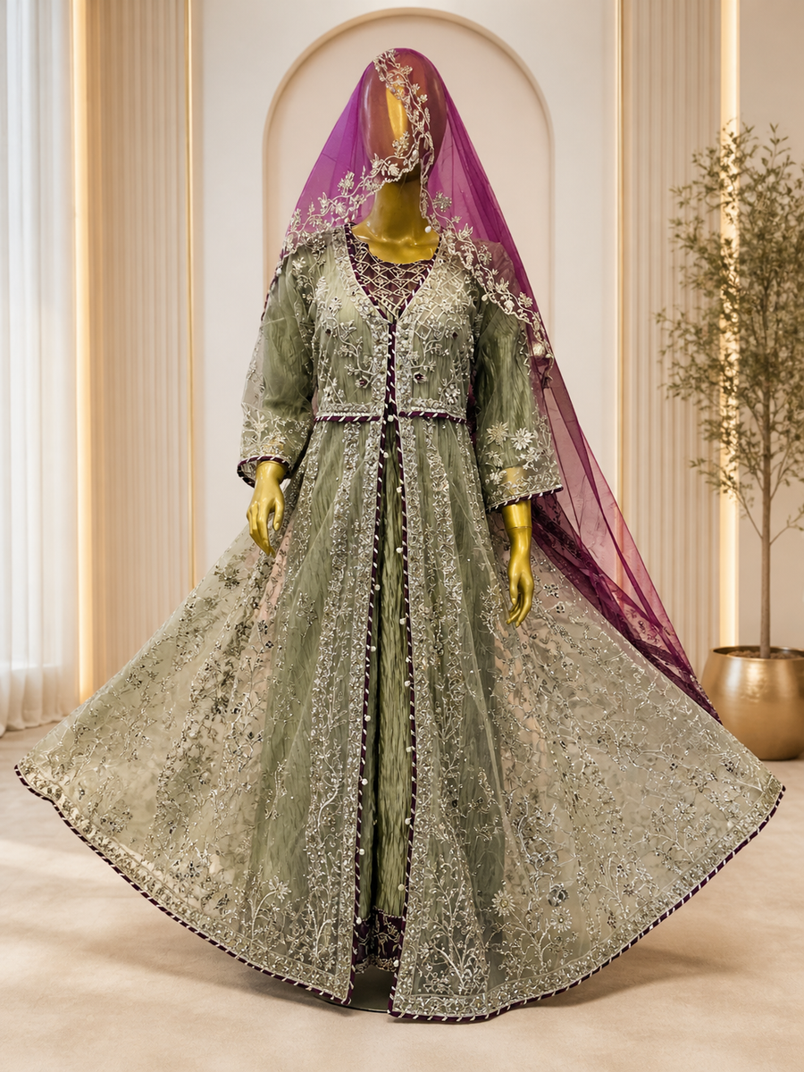 Sage Green Heavy Silver Embroidered Bridal Gown with Purple Dupatta — Bridal by Bawany Threads & Style