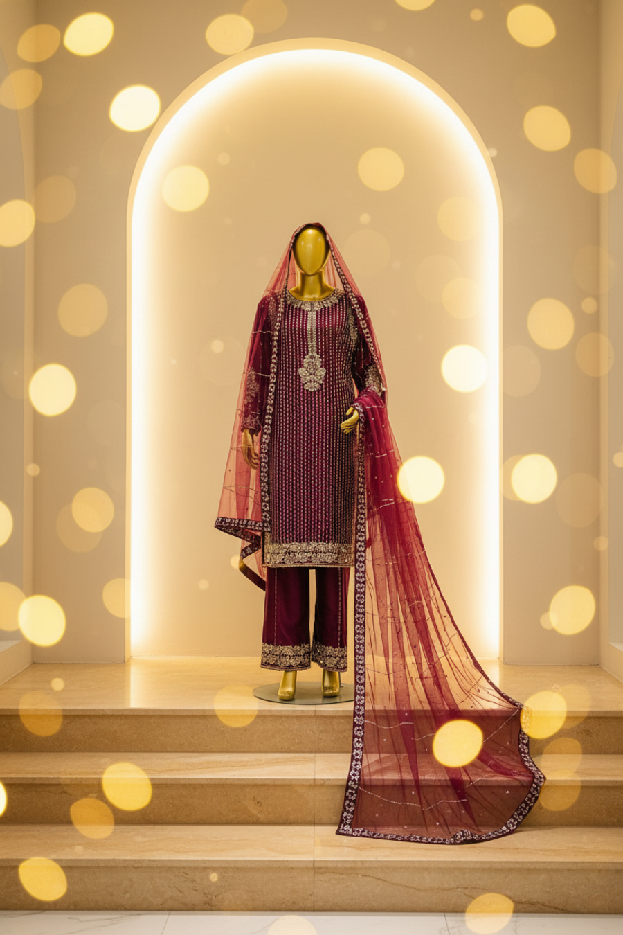 Deep Plum Wine Silk Suit | Silver Sequin Jaal & Gold Embroidery with Pink Dupatta — view 2 — Bridal by Bawany Threads & Style