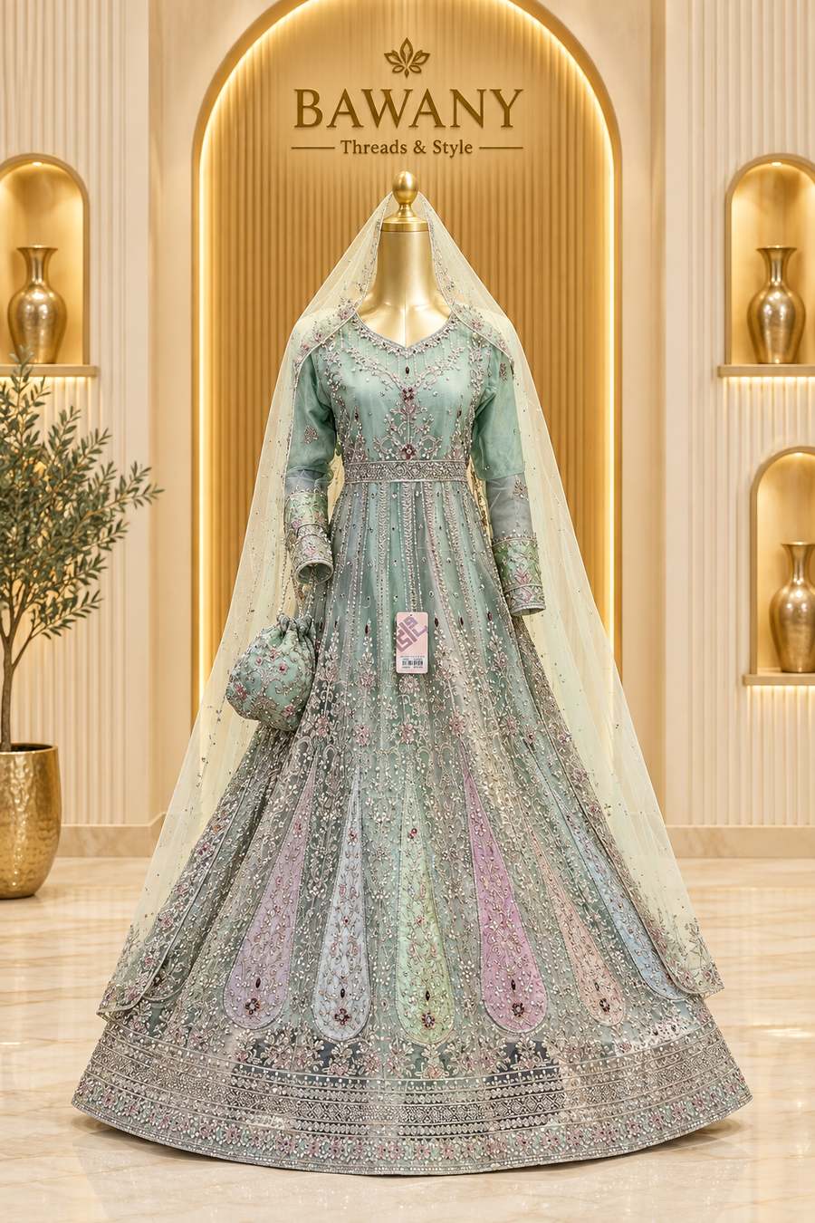 Mint Seafoam Embroidered Gown | Lavender & Blush Panelled Skirt | Pakistani Formal Gown | Silver Work, Ivory Veil & Matching Potli | Formal Collectio — view 4 — Formals by Bawany Threads & Style