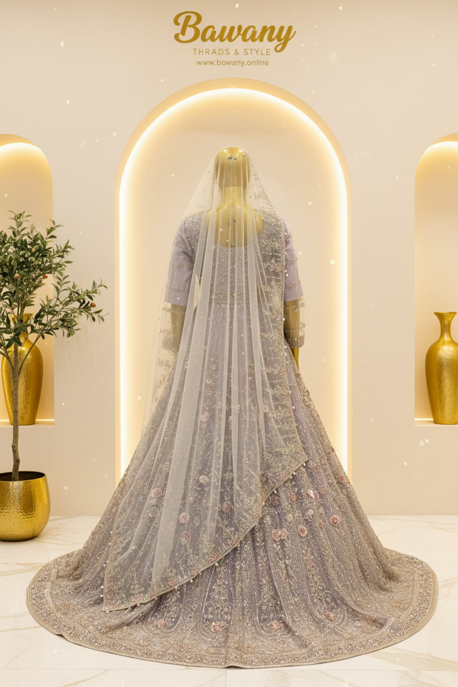 Lavender Grey Bridal Lehenga Set | Open Front Jacket & Dense All-Over Embroidery & Purple Gemstone | 3-Piece Pakistani Bridal Wear | Dusty Lilac Net Lehenga | Pearl Drop Belt & 3D Rosette Appliqués | Off-White Dupatta & Lavender Potli Bag | Barat & Walima Collection — view 4 — Organza by Bawany Threads & Style