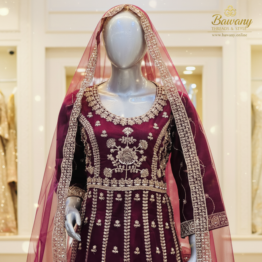 Burgundy Bridal Anarkali Gown | Silver Zardozi Vertical Row Motifs & Central Chest Bouquet | 2-Piece Pakistani Formal Wear | Wine Red Wedding Gown | Deep Pink Dupatta | Barat & Walima Collection — view 3 — Formals by Bawany Threads & Style