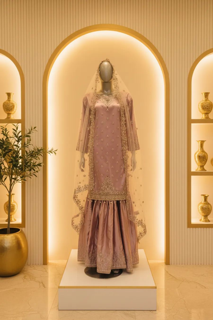 Dusty Rose Bridal Sharara Set | Zardozi Open Front Jacket & Pearl Tassel Belt | 4-Piece Pakistani Bridal Suit | Blush Pink Formal Wear — view 2 — Tissue by Bawany Threads & Style