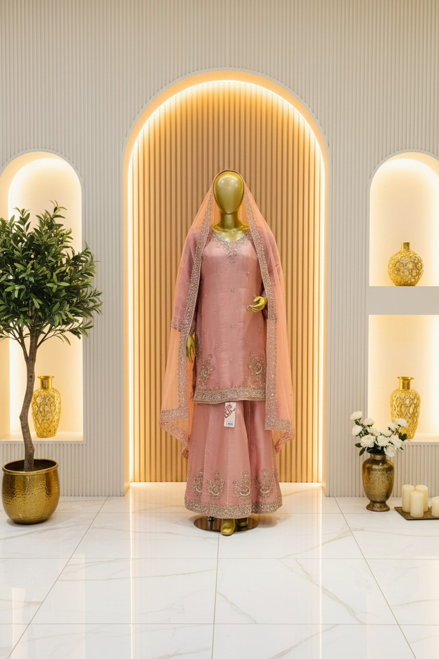 Blush Pink Straight-Cut Suit | Silver-Gold Sequin Neckline & Hem Work | 3-Piece Pakistani Formal Occasion Suit | Sheer Matching Dupatta | BAWANY Collection — view 4 — Organza by Bawany Threads & Style