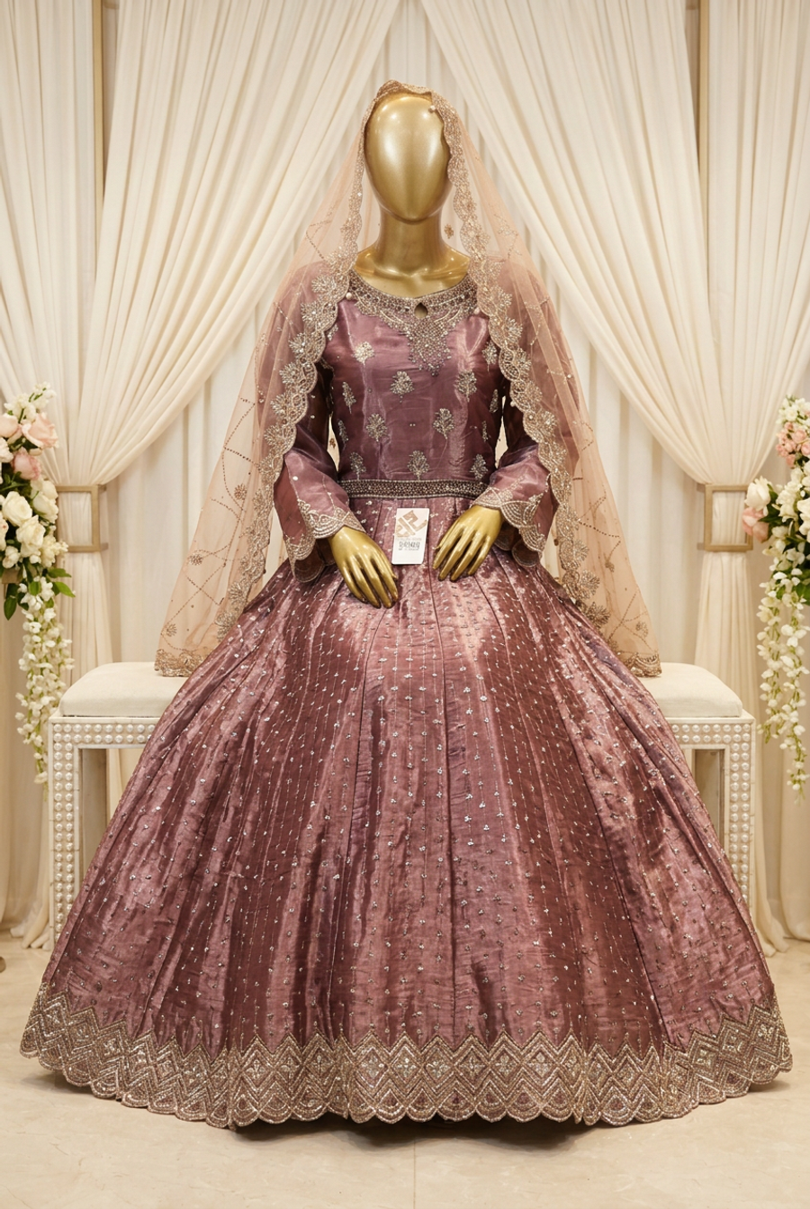 Plum Rose Scalloped Majesty | Metallic Botanical Embroidery & Geometric Hem | Pakistani Formal Flared Gown | Embellished Blush Dupatta | BAWANY Collection — view 2 — Formals by Bawany Threads & Style