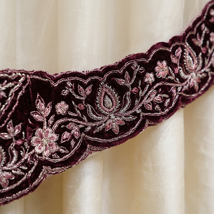 Deep Burgundy Wine Bloom | Silver Floral Embroidery | Pakistani Formal Kameez Ensemble | Taupe Flared Trousers & Ivory Dupatta | BAWANY Collection — Formals by Bawany Threads & Style