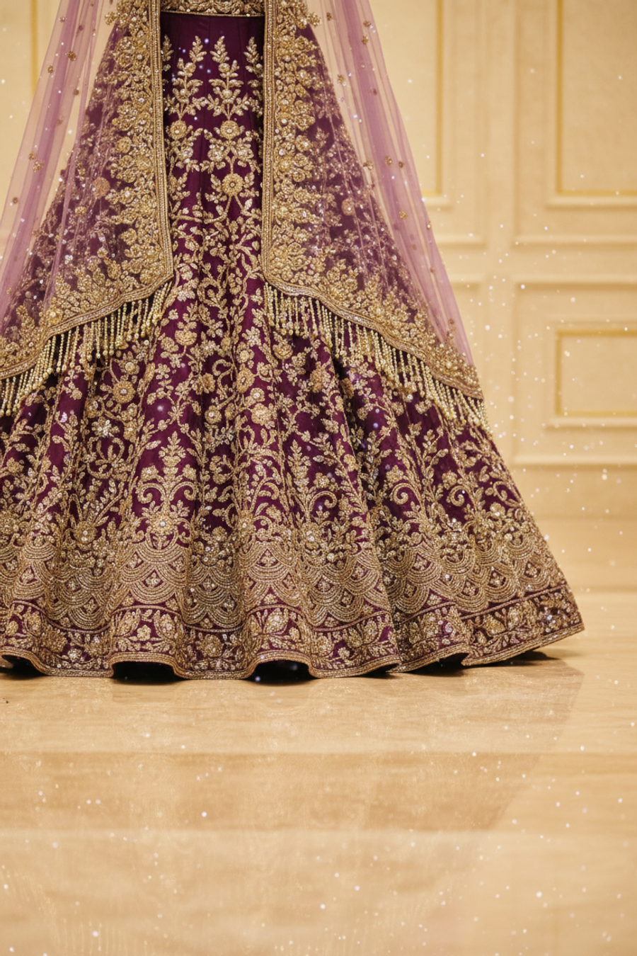 Deep Plum Purple Velvet Bridal Lehenga Gown | Gold Zardozi Cape Overlay & Pearl Chain Tassels — view 4 — Bridal by Bawany Threads & Style