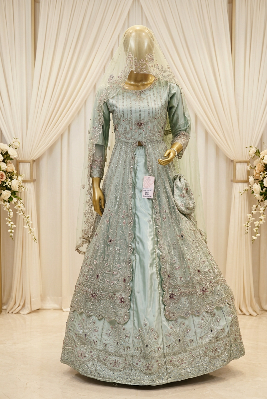 Mint Sage Floral Cascade | Silver Embroidery & Layered Scalloped Hem | Pakistani Formal Open-Front Gown | Sheer Dupatta & Matching Potli | BAWANY Collection — Organza by Bawany Threads & Style