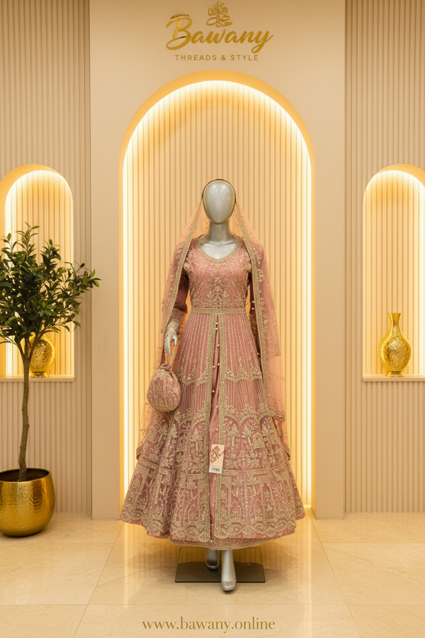Dusty Rose Open Front Anarkali Gown | Gold Zardozi Arch Motifs & Pearl Button Belt | 3-Piece Pakistani Bridal Suit | Antique Pink Formal Wear | Barat & Walima Collection — Net by Bawany Threads & Style