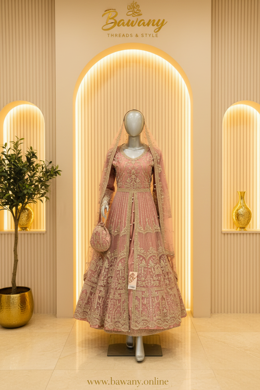 Dusty Rose Open Front Anarkali Gown | Gold Zardozi Arch Motifs & Pearl Button Belt | 3-Piece Pakistani Bridal Suit | Antique Pink Formal Wear | Barat & Walima Collection — Net by Bawany Threads & Style