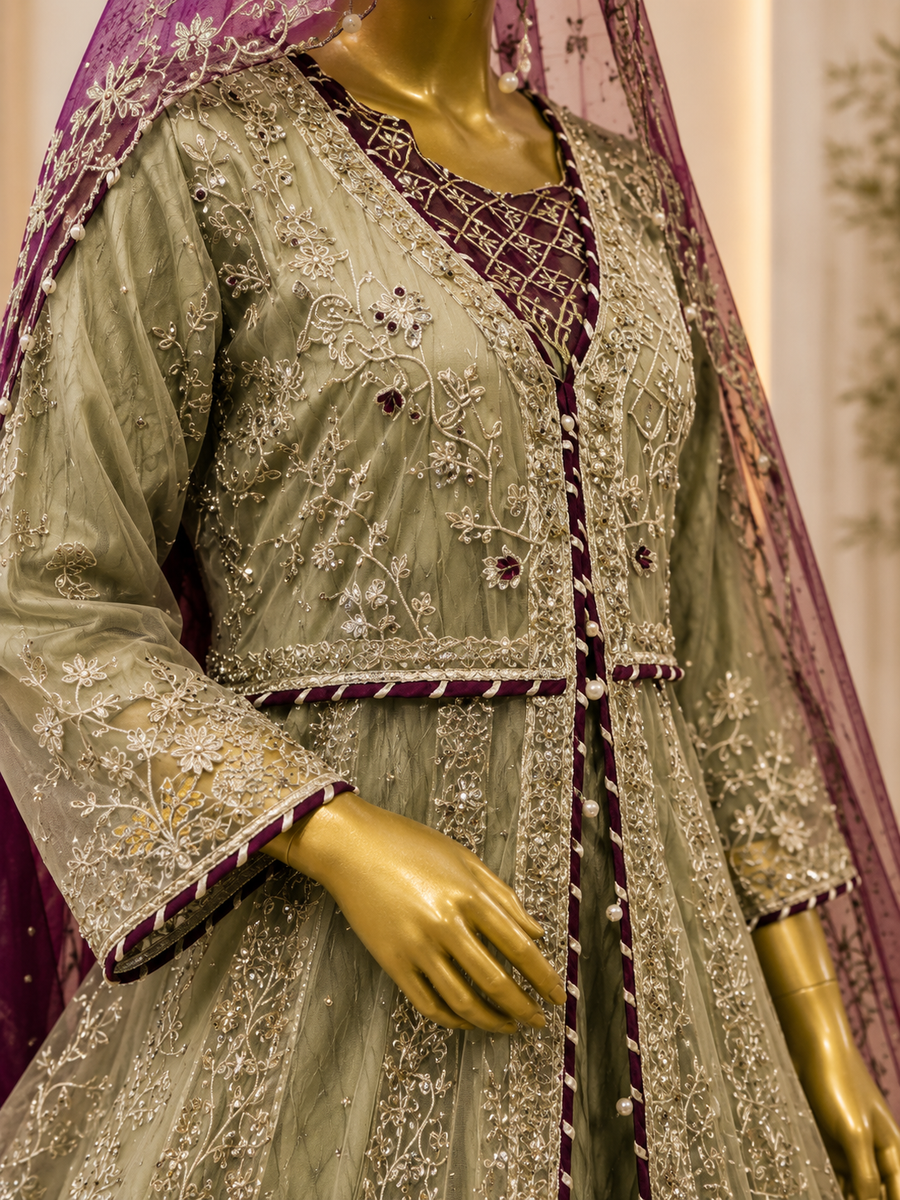 Sage Green Heavy Silver Embroidered Bridal Gown with Purple Dupatta — view 3 — Bridal by Bawany Threads & Style