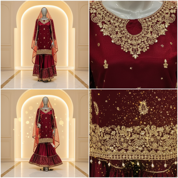 Deep Maroon Wine Velvet Gharara Set | Gold Booti Embroidery with Pink Dupatta — Bridal by Bawany Threads & Style