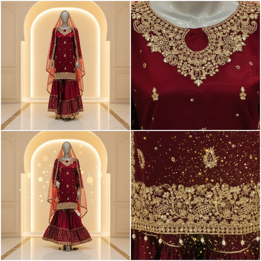 Deep Maroon Wine Velvet Gharara Set | Gold Booti Embroidery with Pink Dupatta — Bridal by Bawany Threads & Style